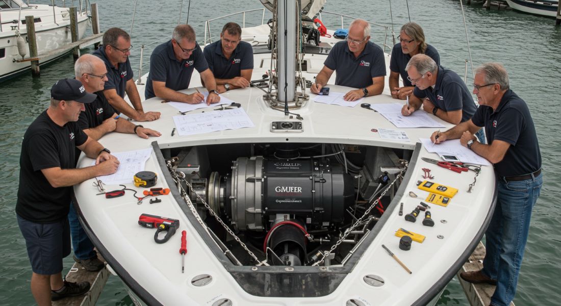 Guild members collaborating on a bow thruster installation project